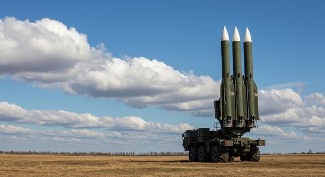 Triple Missile Launcher on Open Field under Blue Sky