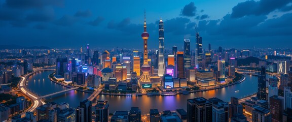 Naklejka premium Shanghai's Dazzling Skyline, A Panoramic View of the City at Twilight Hours