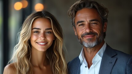 confident business duo in professional attire with friendly smiles against a neutral gray backdrop