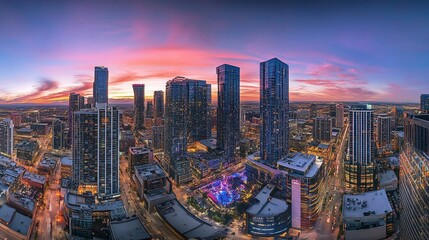 Panoramic city skyline at sunset, illuminated skyscrapers, urban landscape.
