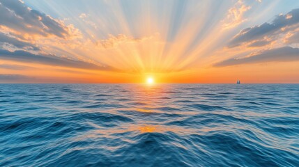 Fototapeta premium The sun begins to dip below the horizon, casting golden beams of light across the rippling ocean waves.
