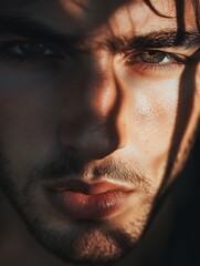 Fototapeta premium 鋭い視線を持つ男性のクローズアップポートレート | Close-up Portrait of a Man with a Piercing Gaze