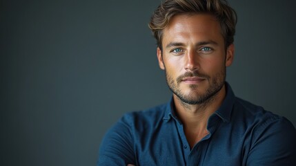 Obraz premium confident modern businessman in a deep blue shirt with crossed arms standing alone against a neutral gray background