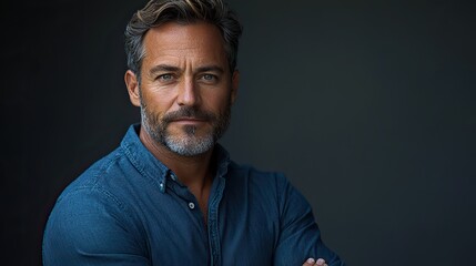 Fototapeta premium confident professional modern businessman in deep blue shirt with crossed arms exuding leadership,expertise isolated on a sleek gray backdrop