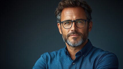 Obraz premium confident professional modern businessman in deep blue shirt with crossed arms exuding leadership,expertise isolated on a sleek gray backdrop