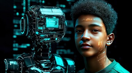 Young Boy and Futuristic Robot AI and the Future of Technology