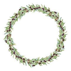 Circle frame of watercolor dark-olives  on the Branches