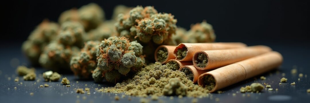A close-up view of cannabis buds and pre-rolled joints on a dark background, ideal for promoting cannabis products or businesses in the wellness industry.