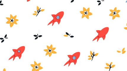 Whimsical Rocket Ship Flowers and Leaves Pattern on White Backdrop for Childrens Products Design.