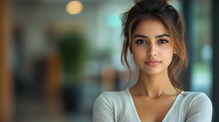 confident young indian businesswoman entrepreneur standing in modern office looking at camera with a professional,determined expression representing leadership