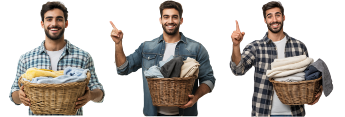 A man holding a full basket of neatly folded clothes in his left hand, maintaining a relaxed but balanced posture isolated on transparent background