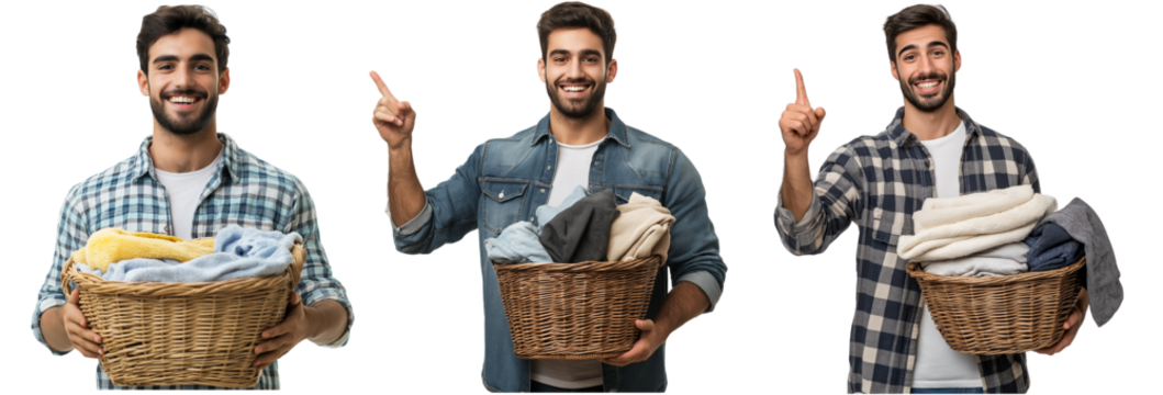 A man holding a full basket of neatly folded clothes in his left hand, maintaining a relaxed but balanced posture isolated on transparent background