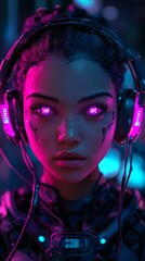 Close up portrait cyberpunk sci-fi girl with neon lights. Girl from the future concept. Fictional character