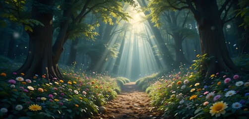 Fototapeta premium Walking Path Through Sunlit Forest with Wildflowers and Light Rays