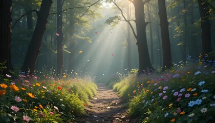 Obraz premium Walking Path Through Enchanted Forest with Sunlight and Wildflowers