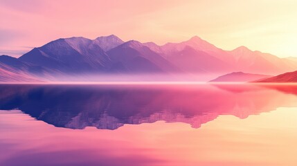 Serene Mountain Landscape with Pink and Purple Sunset Reflections