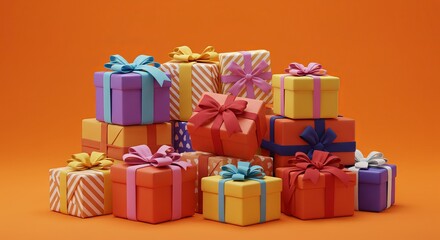 Obraz premium Colorful gift boxes with bows on vibrant orange background for celebration and festivity themes