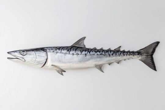 Whole great barracuda fish lies on a white background