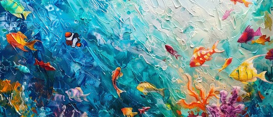 Vibrant underwater scene featuring diverse colorful fish swimming amidst coral and sea plants.