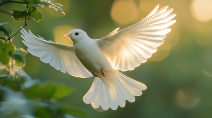 Fototapeta premium White dove in flight with spread wings, angelic, serene, golden hour, nature
