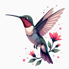 Obraz premium Colorful hummingbird hovering near flowers, nature's beauty
