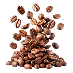 Falling coffee beans isolated on transparent background