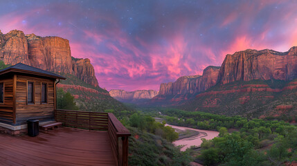 Zion National Park Landscape with Cabin under Stars and Pink Sunset Sky Panorama Utah United States.