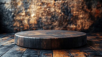 Fototapeta premium Rustic Wooden Round Display Stand on Dark Wooden Floor with Blurry Brown Background