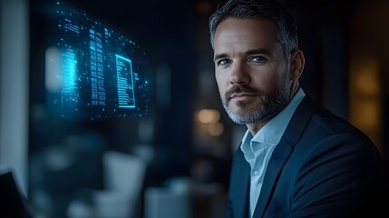 Fototapeta premium Futuristic Businessman Analyzing Holographic Corporate Data in Sleek Office Backdrop