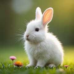 Fototapeta premium Cute white bunny sitting among flowers in a sunny garden