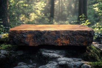 Fototapeta premium Serene Forest Stone Table: A Mystical Nature Scene