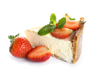 Slice of sweet vanilla cheesecake with strawberries and mint on white background
