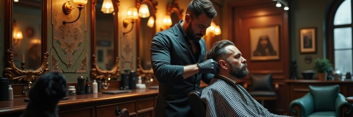 A skilled barber expertly styles a client's hair in a vintage-style barbershop, creating a relaxed and sophisticated atmosphere.