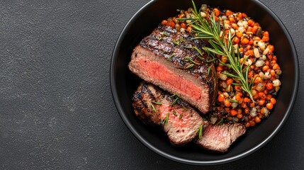 Grilled steak with lentil salad, dark background, food photography, recipe illustration