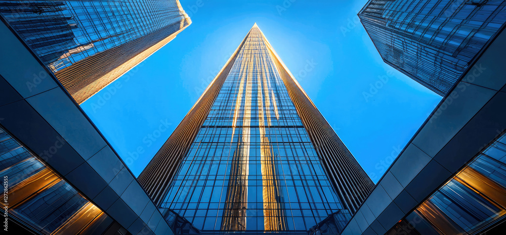 Poster a towering skyscrapers viewed through a large ceiling window with sleek, modern framing. the perspec