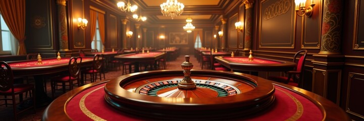 Elegant casino interior featuring a roulette table, perfect for conveying luxury, excitement, and the allure of gaming in promotions, events, or entertainment-related projects.