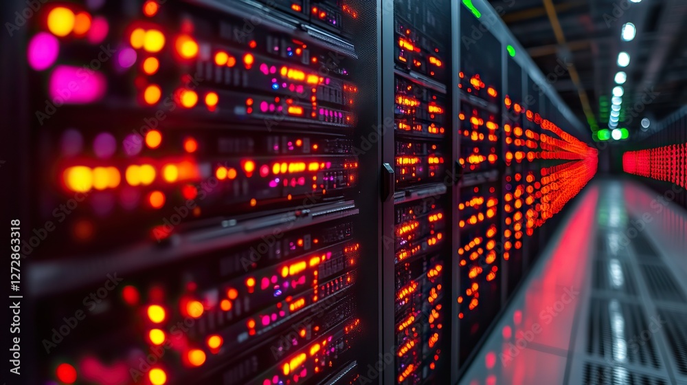 Poster cryptocurrency boom high tech bitcoin mining rigs operating in secure data center