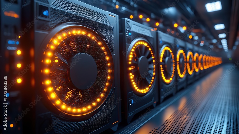 Poster cryptocurrency boom high tech bitcoin mining rigs operating in secure data center