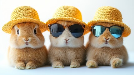 cute,festive bunnies in hats,sunglasses celebrating summer on white background