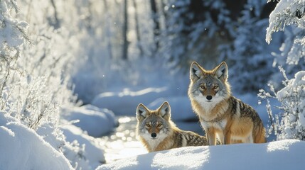 Obraz premium Two coyotes watch intently from a snowy winter landscape