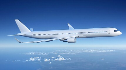 Obraz premium White passenger jet flying above clouds in a clear blue sky.