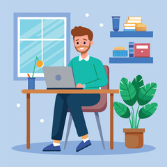 a boy is using his laptop vector