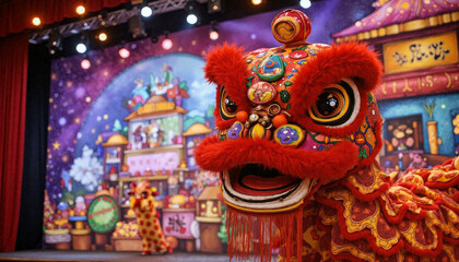 Fototapeta premium Chinese lion dance performance with vibrant decorations