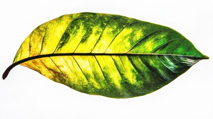 Vibrant Green and Yellow Leaf with Detailed Veins on a White Background