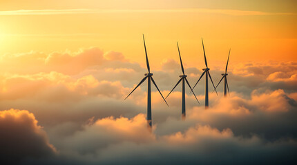 Wind turbines in the sky, wind energy in the middle of a sea of ​​clouds, concept of sustainability, environment and renewable energies