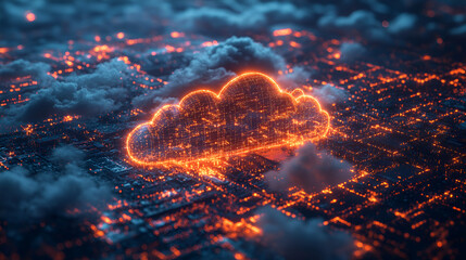 Glowing orange cloud with digital network, cyber security, interconnected nodes, high-tech connectivity
