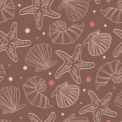 Marine pattern. Fish, anchor, octopuses, sharks, whales. Vector seamless pattern with decorative sea elements. Vintage background