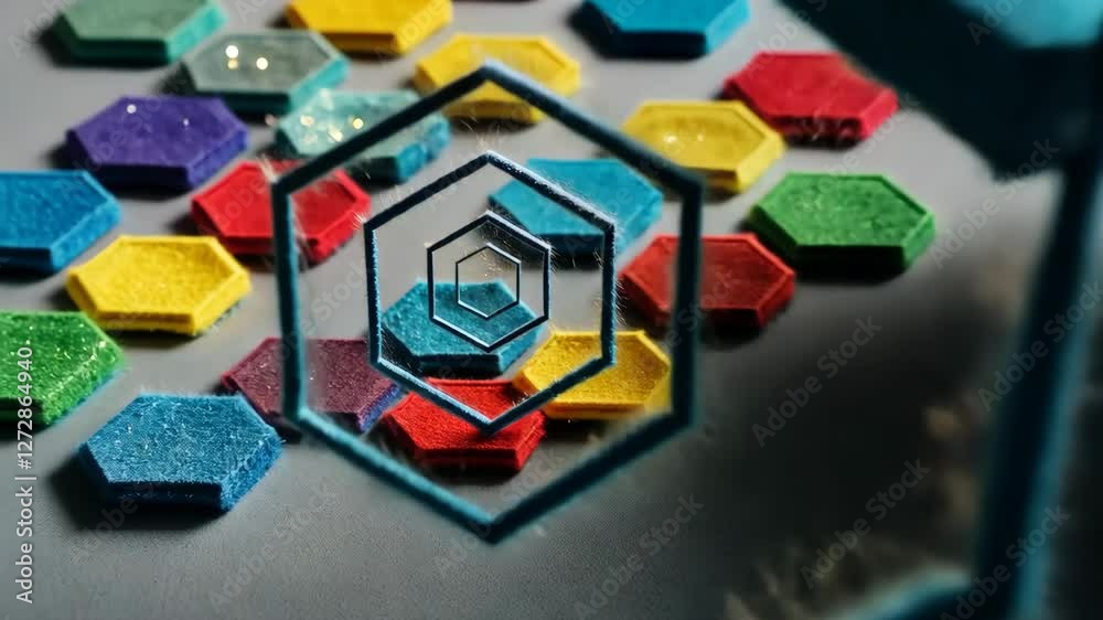 Poster a close up of a blue and red hexagon. the blue hexagon is surrounded by red hexagons