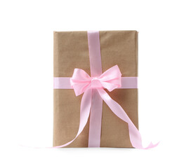 Stack of books with pink ribbon on white background