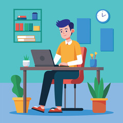 a boy is using his laptop vector